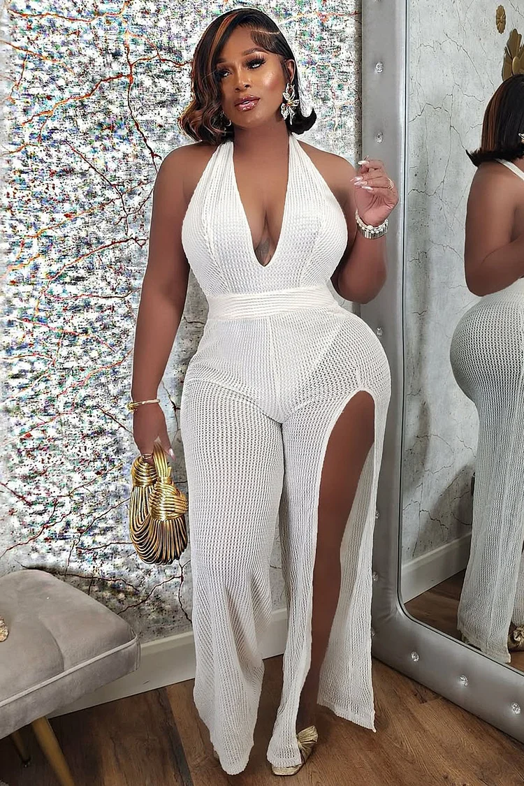 Deep V Halter Neck Knit Vacation Slit Wide Leg Jumpsuit-White [Pre Order]