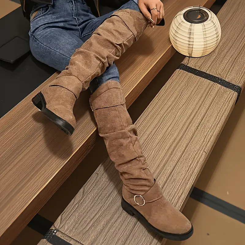 womens retro chunky heel calf boots with plush lining winter warm round toe pull on knee high boots in black blue soft synthetic cover cushioned insole versatile casual semi formal shoes for wear Product details 3