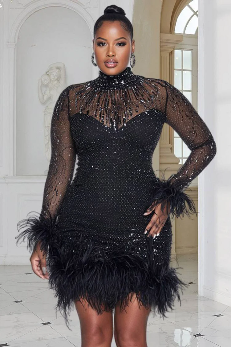 Xpluswear Design Plus Size Cocktail Party Sequin Black Mock Neck Long Sleeve Bodycon Feather Mesh Mini Dresses [Pre-Order]