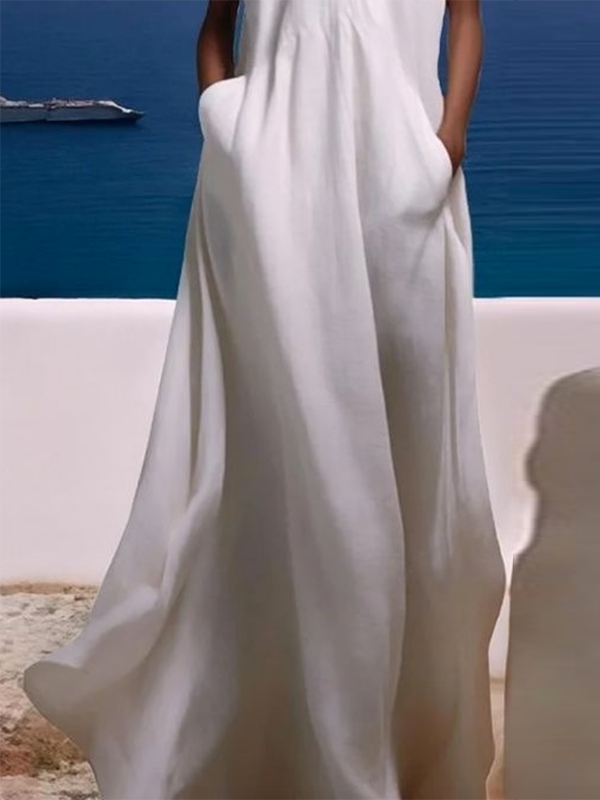 Cap Sleeve Loose Pockets Solid Color V-Neck Maxi Dresses