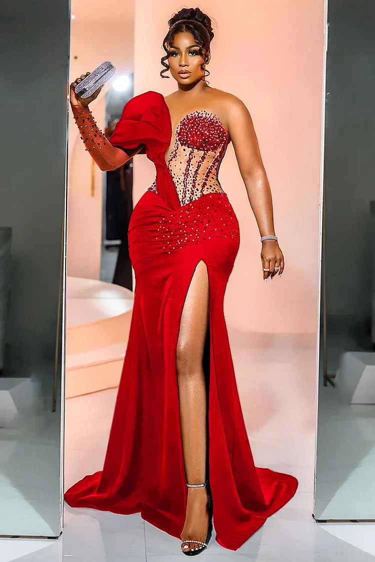 Rhinestone One-Shoulder-Long Sleeve Bodycon High Slit Mermaid Hem Gowns ...