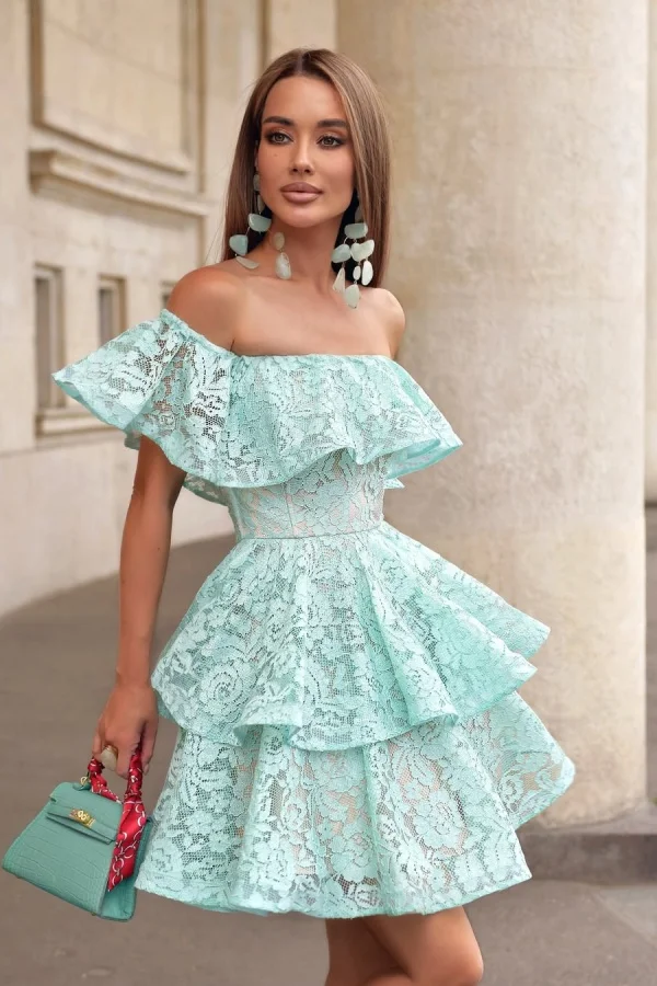 Stunning Mint Green One Shoulder Lace Sleeveless Short Prom Dress with Ruffles | Wiwidress 