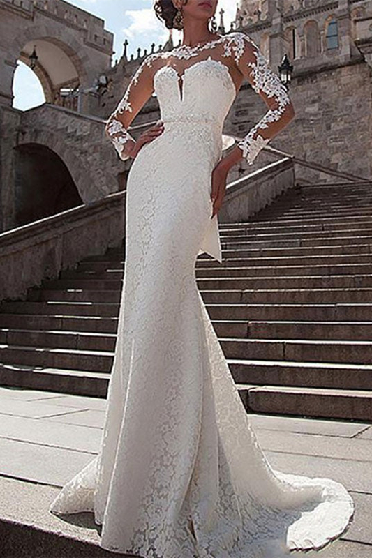 Long Sleeves Mermaid Lace Wedding Dress - ohprom