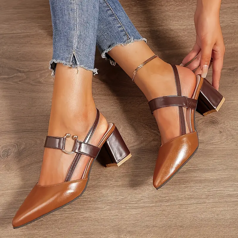womens pointed toe block high heel sandals fashion solid color slingback shoes versatile mid heels 36 amber 12