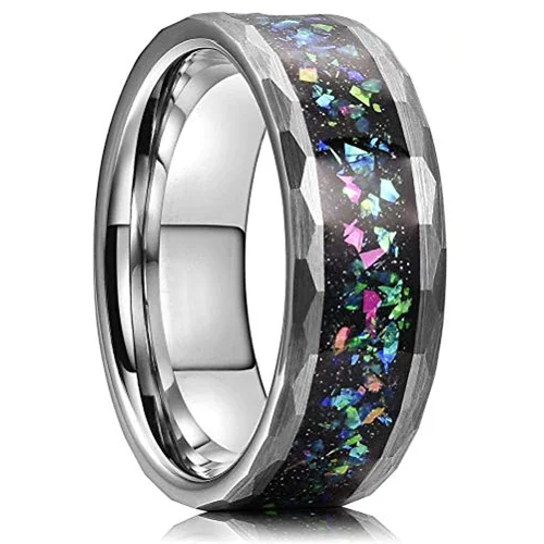 6MM 8MM Women's Or Men's Tungsten Carbide Wedding Matching Rings Diamond Faceted Silver and Multiple Color Rainbow Opal Inlay with Organic Tones