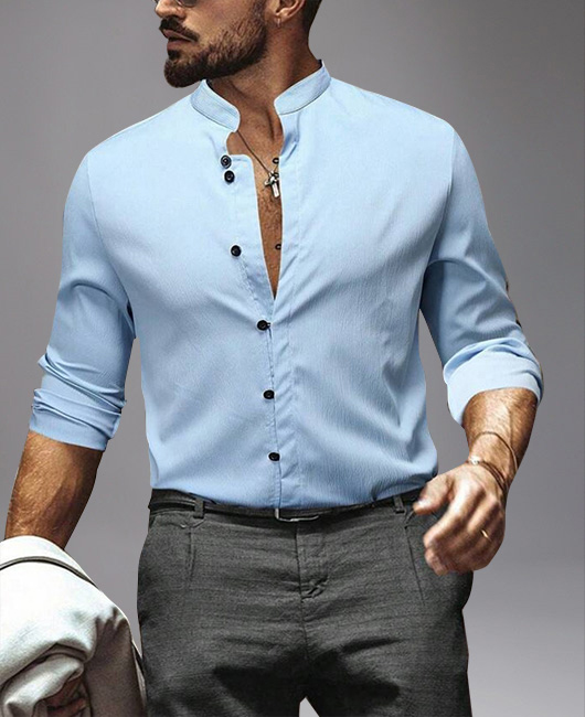 Business Stand Collar Button Front Long Sleeve Shirt