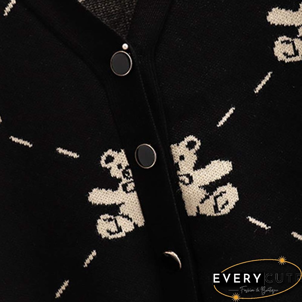Plus Size Bear Print Cardigan Sweater Pants Two Pieces Set