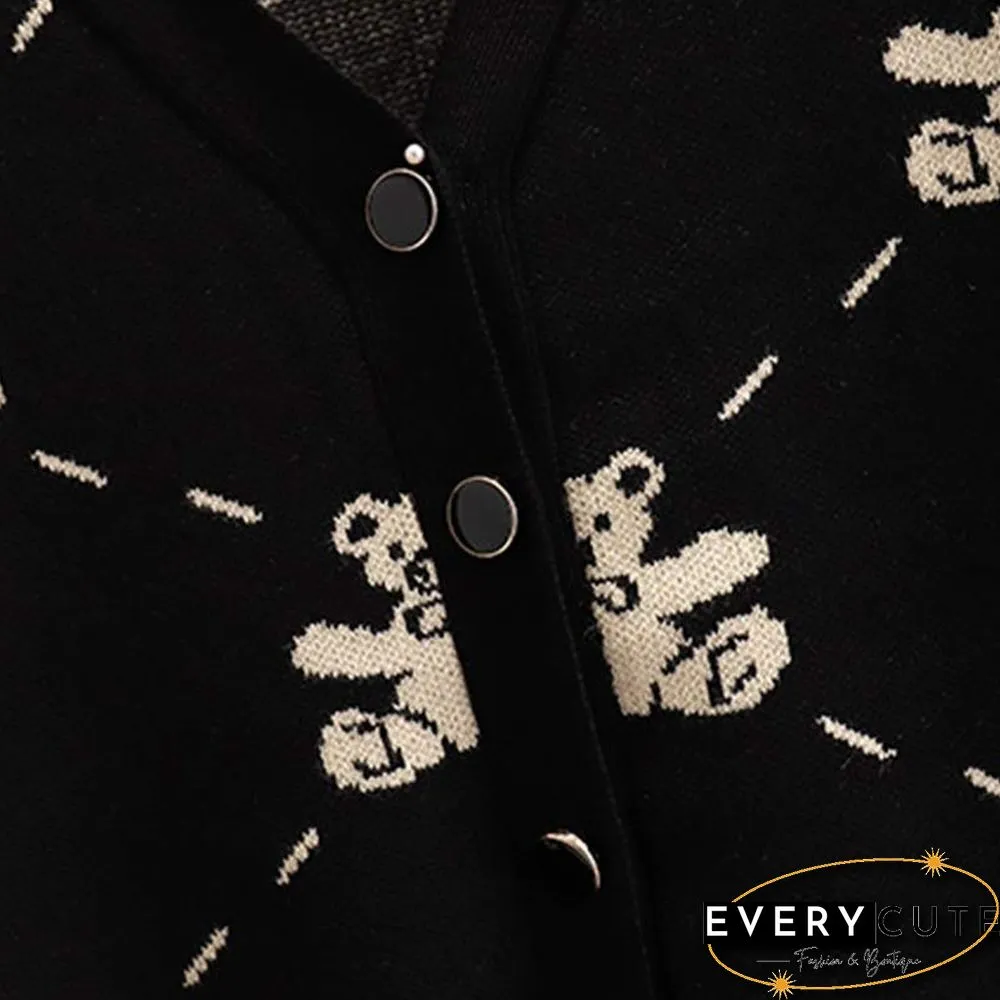 Plus Size Bear Print Cardigan Sweater Pants Two Pieces Set