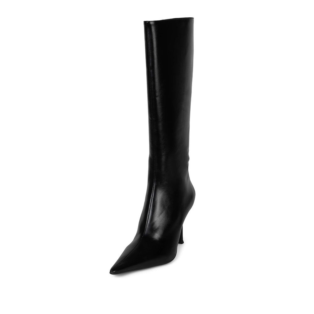 Black Pointed Toe Wide Calf Knee-High Boots with Stiletto Heels Nicepairs