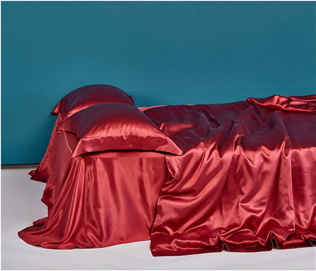 Luxury Royal 100% Ropa de Cama de Seda de Cuatro Piezas, 2 Fundas de Almohada de Seda, 1 Funda nórdica de Seda, 1 sábana de Seda Lipstick
