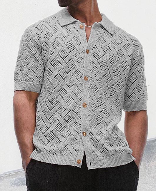 Casual Lapel Collar Single Breasted Hollow Knitted Shirt