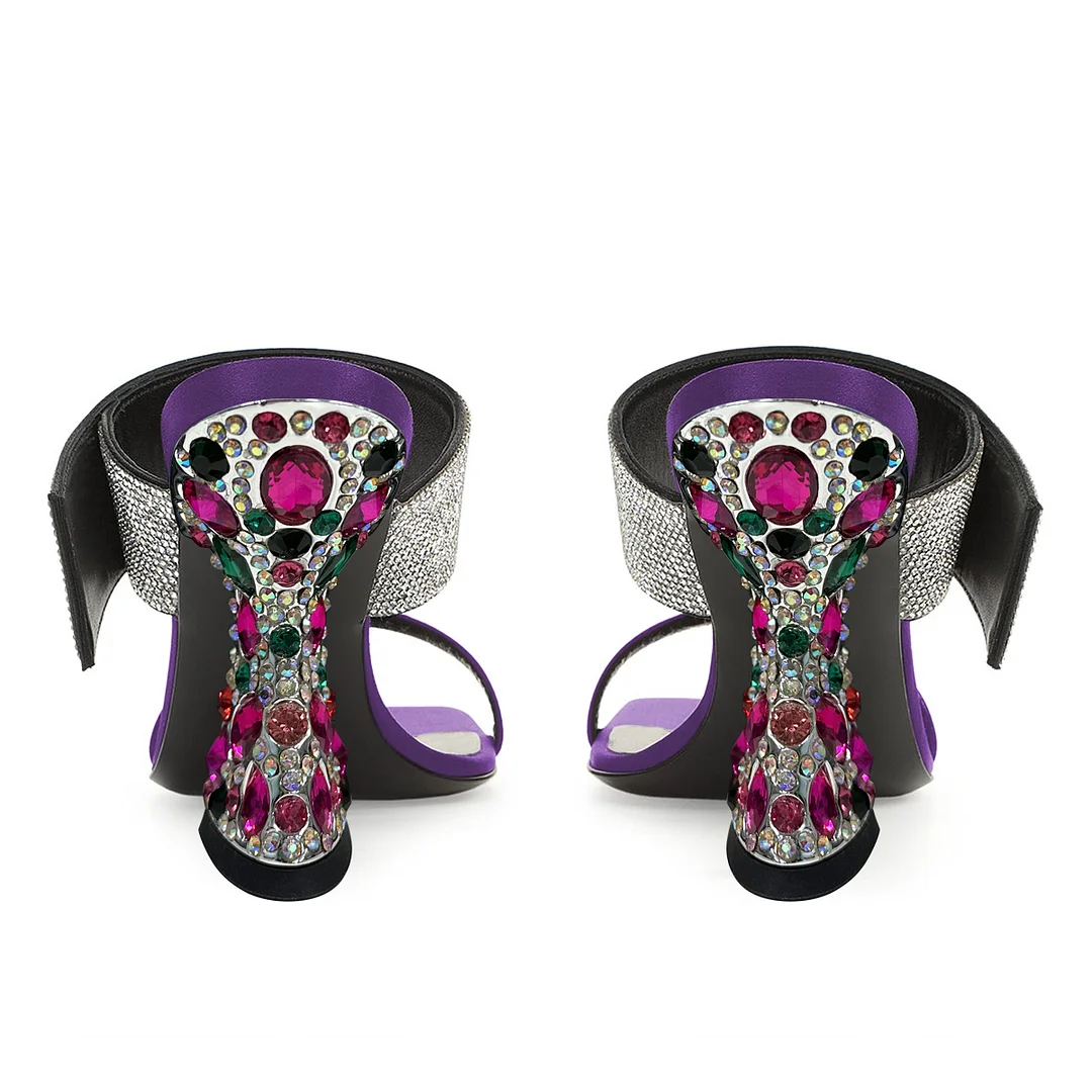 Purple Satin Square Toe Rhinestone Embellished Decorative Heels