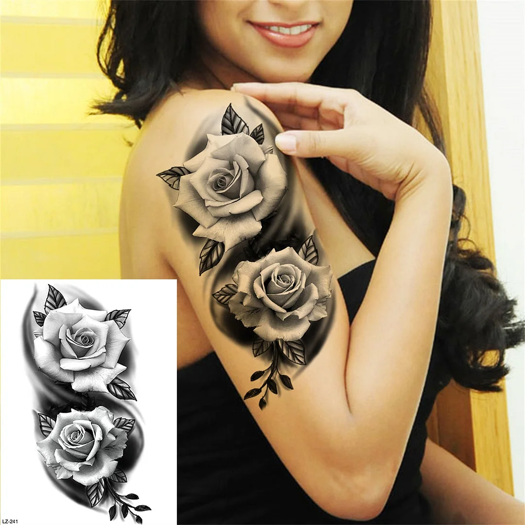 Flower Skull Temporary Tattoos For Women Men Adults Evil Skeleton Tattoo Sticker Fake Lavender Big Rose Black Tatoos Body Thigh
