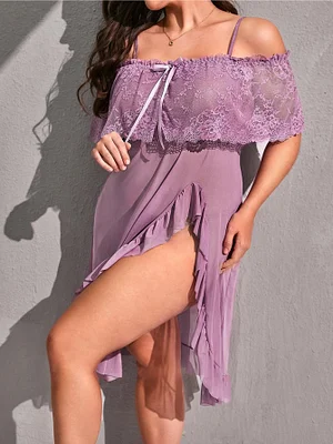 Contrast Lace Ruffle Trim Slips With Thong