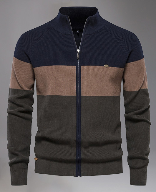 Business High Quality Knitted Color Blocks Zip-Up Jacket