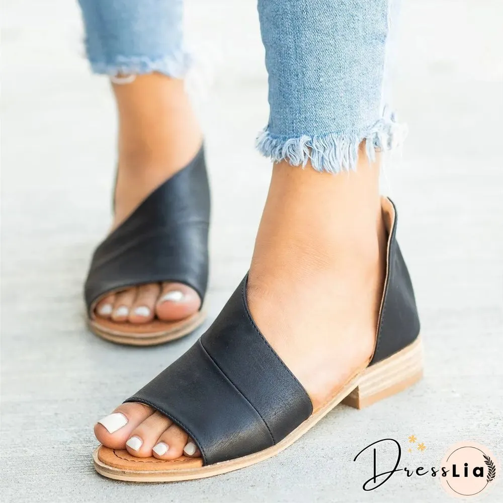 Women Peep Toe Side-cut Style Stacked Heel Flat Sandals