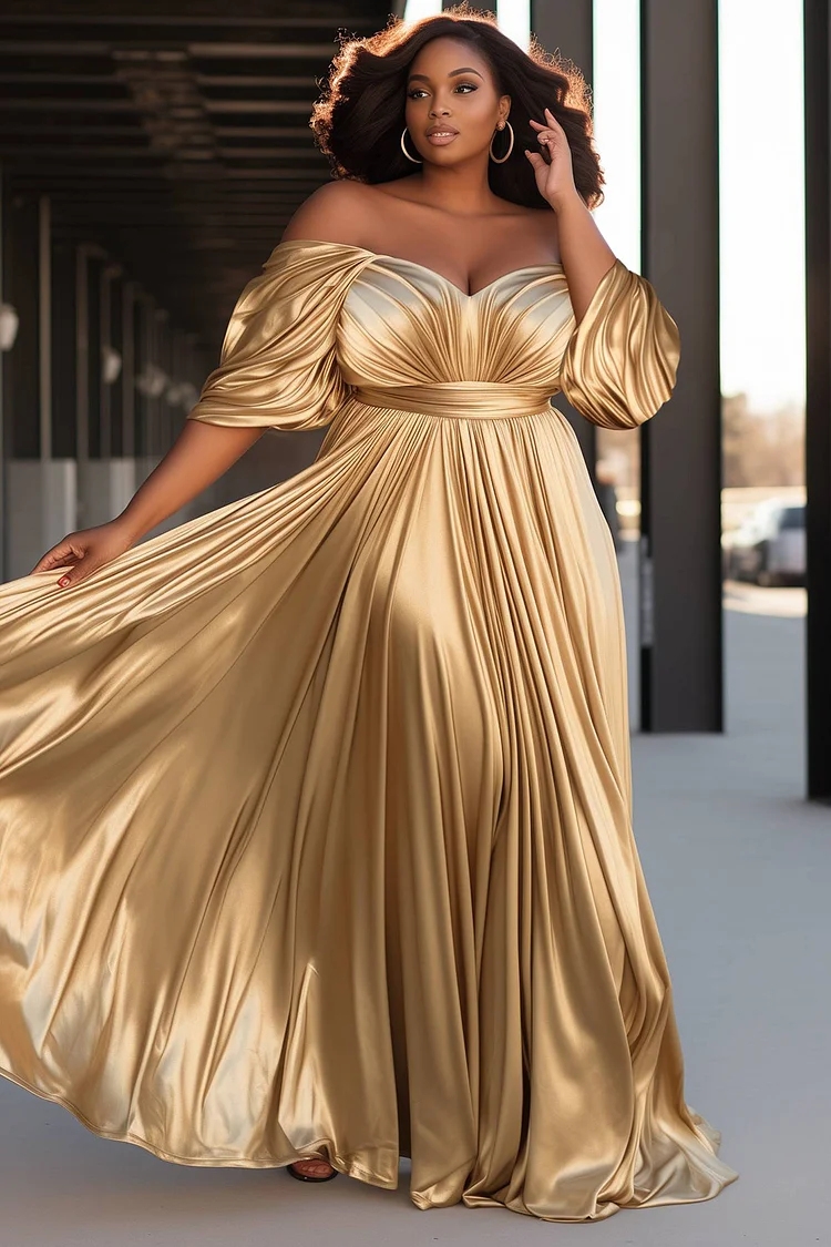 Xpluswear Design Plus Size Formal Gold Off The Shoulder Puff Sleeve Half Sleeve Ruffled Glitter Maxi Dresses Xpluswear