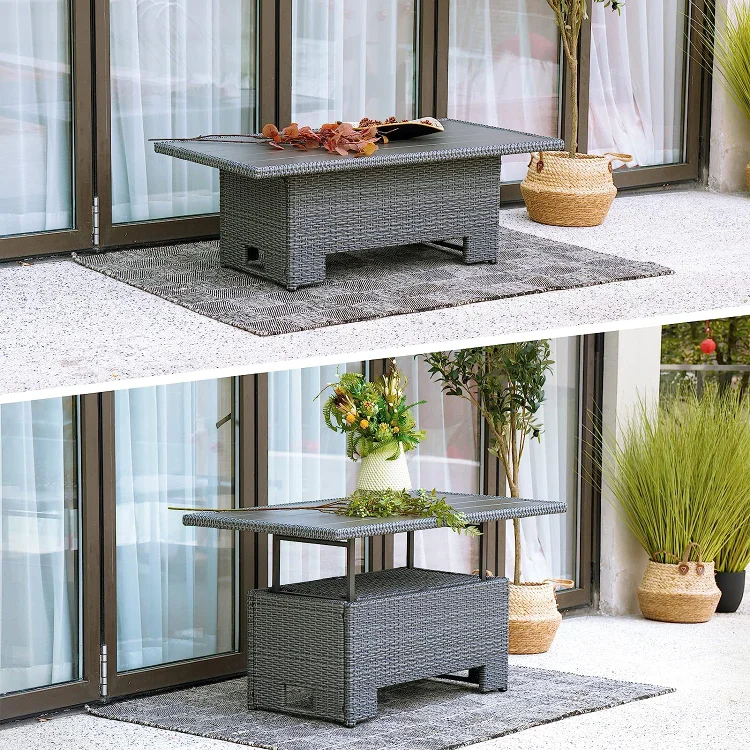 GRAND PATIO Outdoor & Indoor Coffee Dining Table - All-Weather Resin Wicker, Adjustable Steel Slat Lift Top, Storage Shelf - Gray