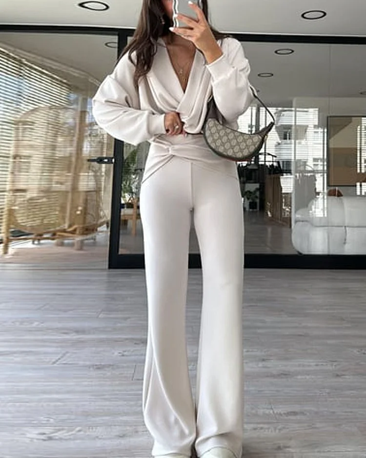 v collar solid color two piece suit