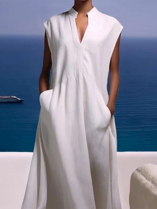 Cap Sleeve Loose Pockets Solid Color V-Neck Maxi Dresses