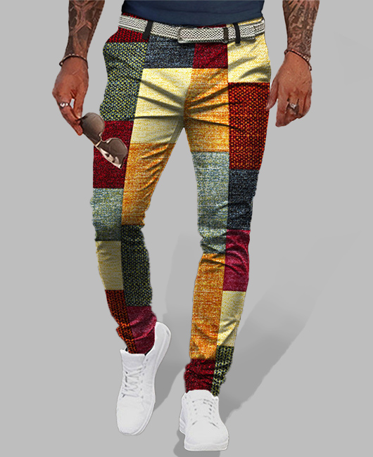 Fashion Denim Patchwork Print Pocket Slim Fit Pants