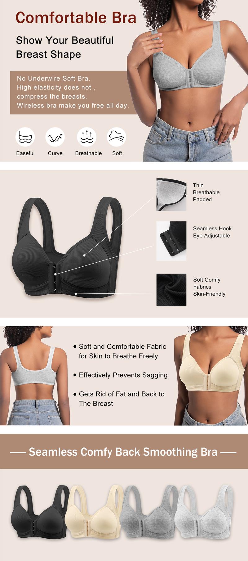 FZ 4/2PCS EssElegance Adjustable Front Closure Push-Up Bra Wire-Free, Seamless & Side Support for Daily Wear, Spring-Summer Comfort
