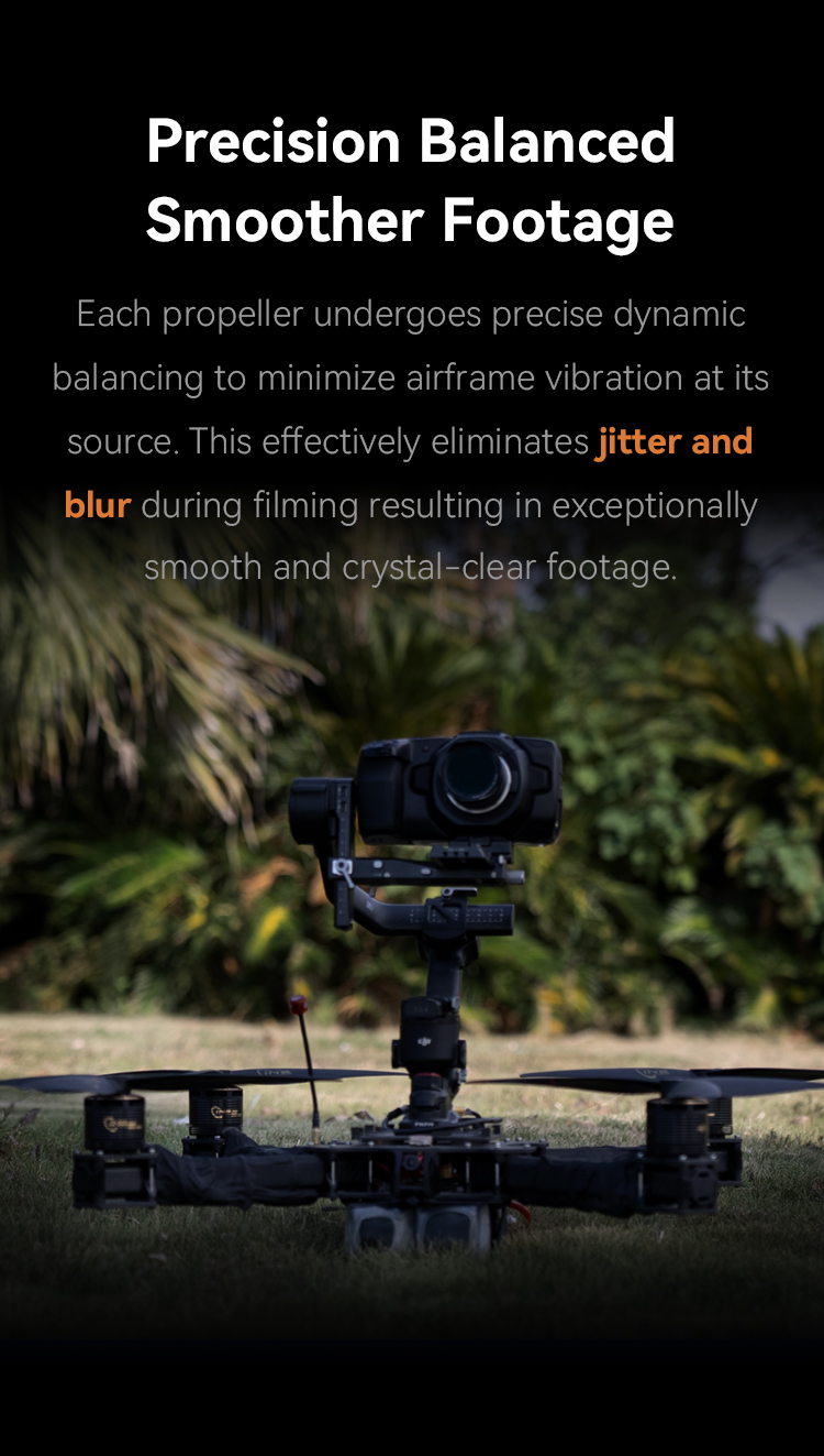 Promo graphic for T-Motor CINE C13 13-inch cinelifter FPV propellers, featuring a camera drone and “Precision Balanced” text