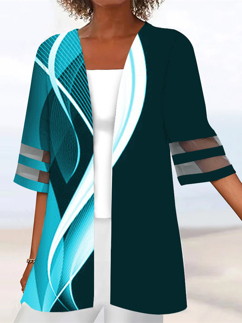 Women Half Sleeve Scoop Neck Striped Printed Colorblock Two-Pieced Tops