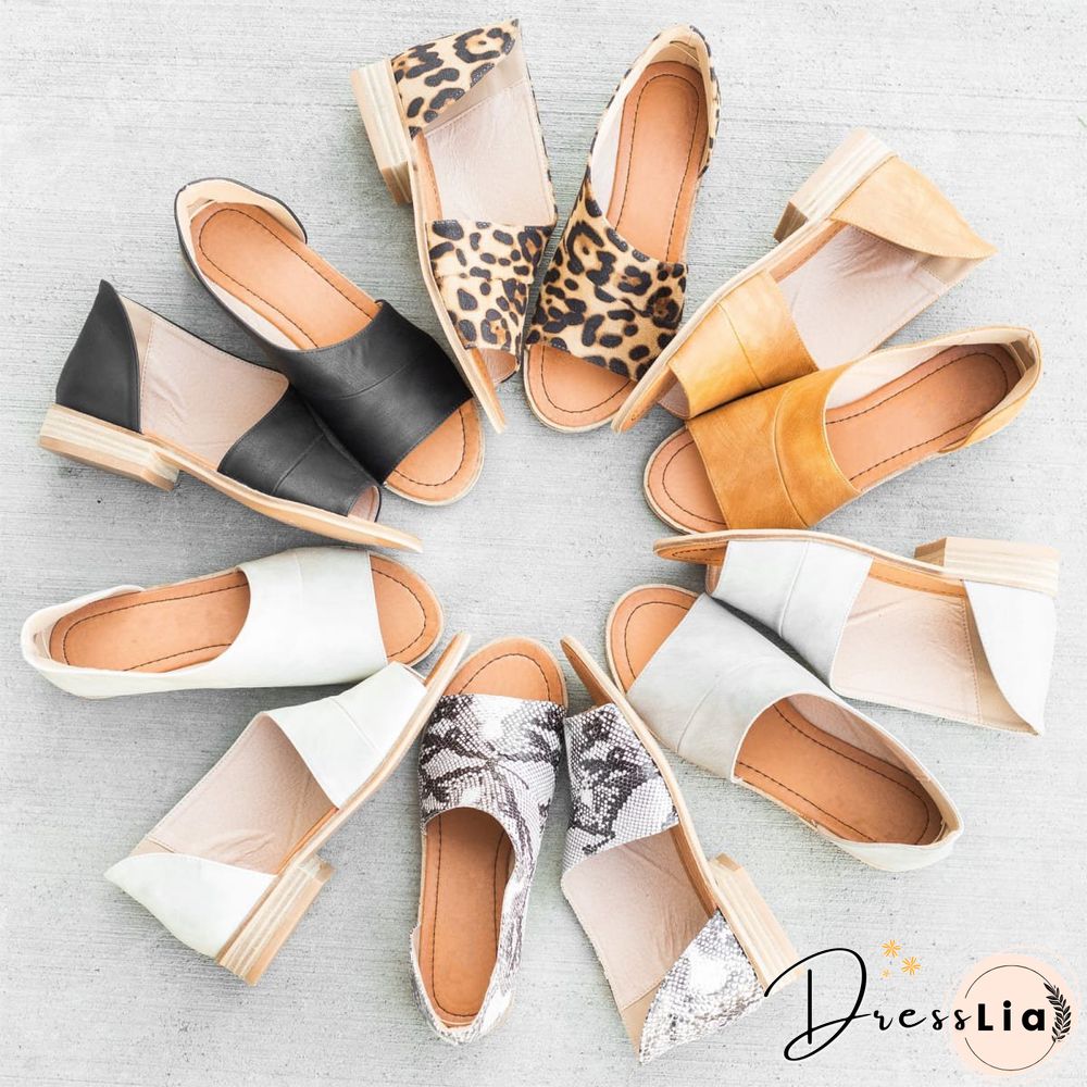 Women Peep Toe Side-cut Style Stacked Heel Flat Sandals