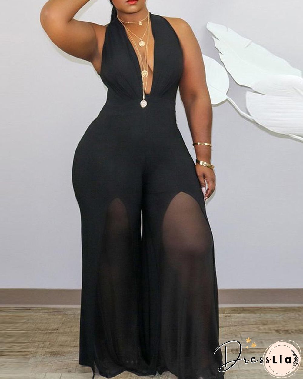 Plus Size Sleeveless Sheer Mesh Plunge Jumpsuit