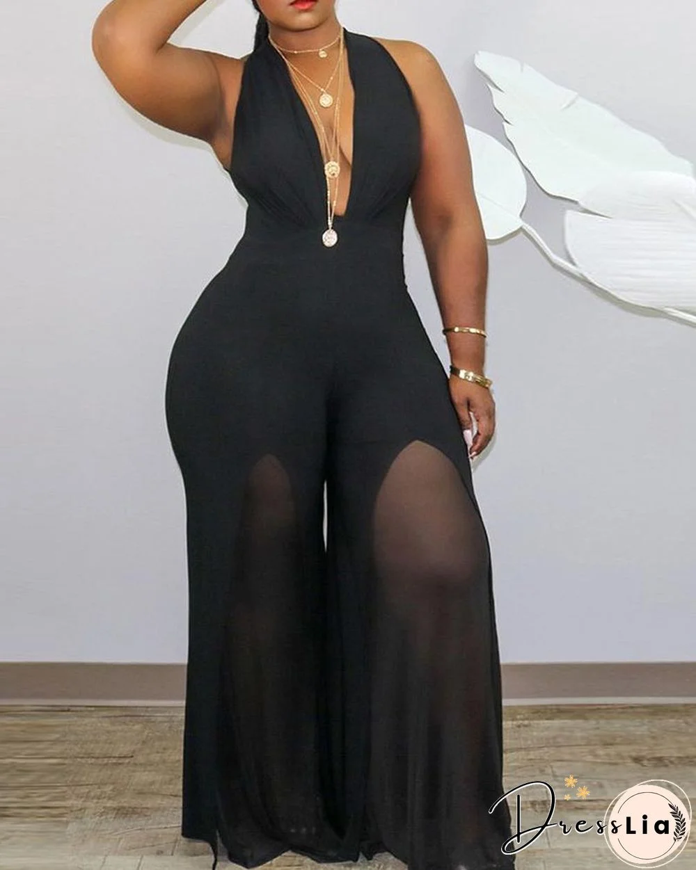 Plus Size Sleeveless Sheer Mesh Plunge Jumpsuit