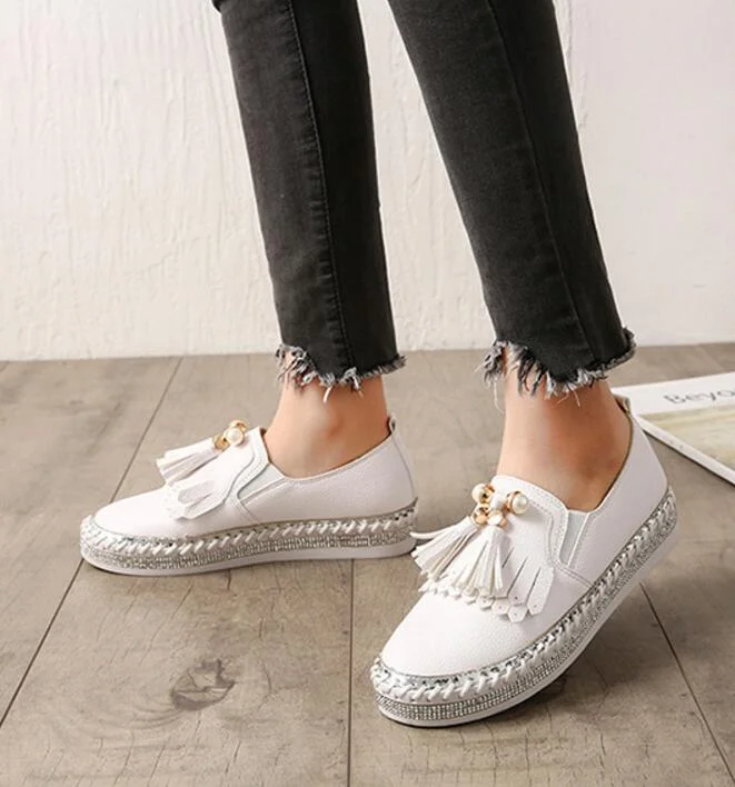 Crystal Small White Leather Shoes Women Tassel Espadrilles Creepers Fishermen Flats Ladies Loafers Handmade Leather Moccasins