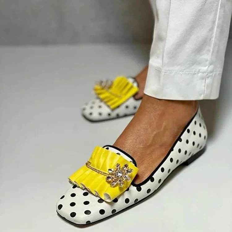 Square Toe Polka Dot Pump Women's Elegant Rhinestones Buckle Shoes Summer Flats |FSJ Shoes