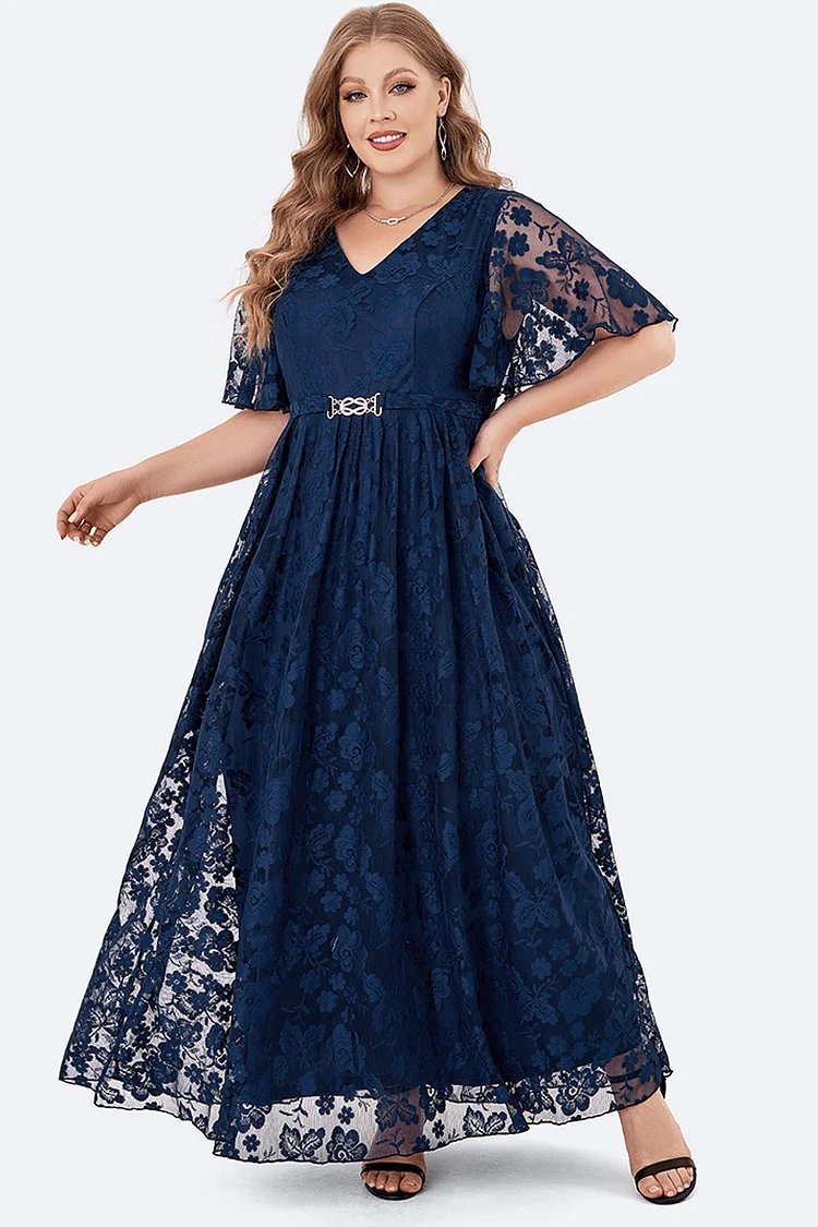 Flycurvy Plus Size Mother Of The Bride Navy Blue Lace Flare Sleeve Waist Decorated Tunic Empire Waist Maxi Dress  Flycurvy [product_label]