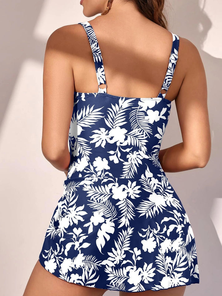 Square Neck Skort Swimsuit with High-Cut Detailing