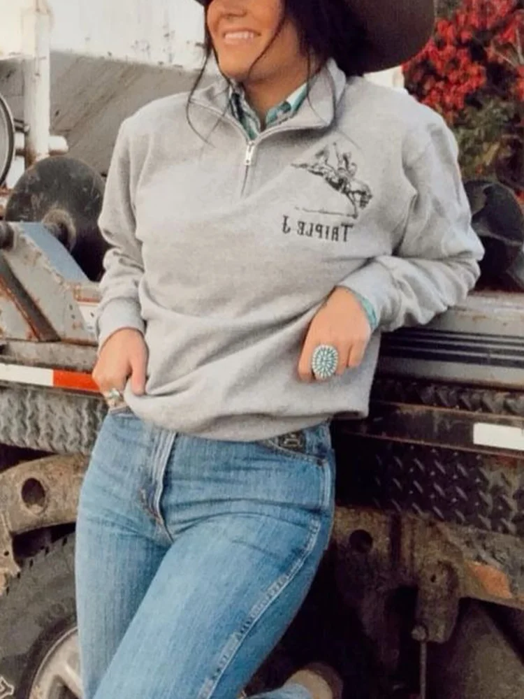 Women's Vintage Solid Western Print Zip Long Sleeve Sweatshirt