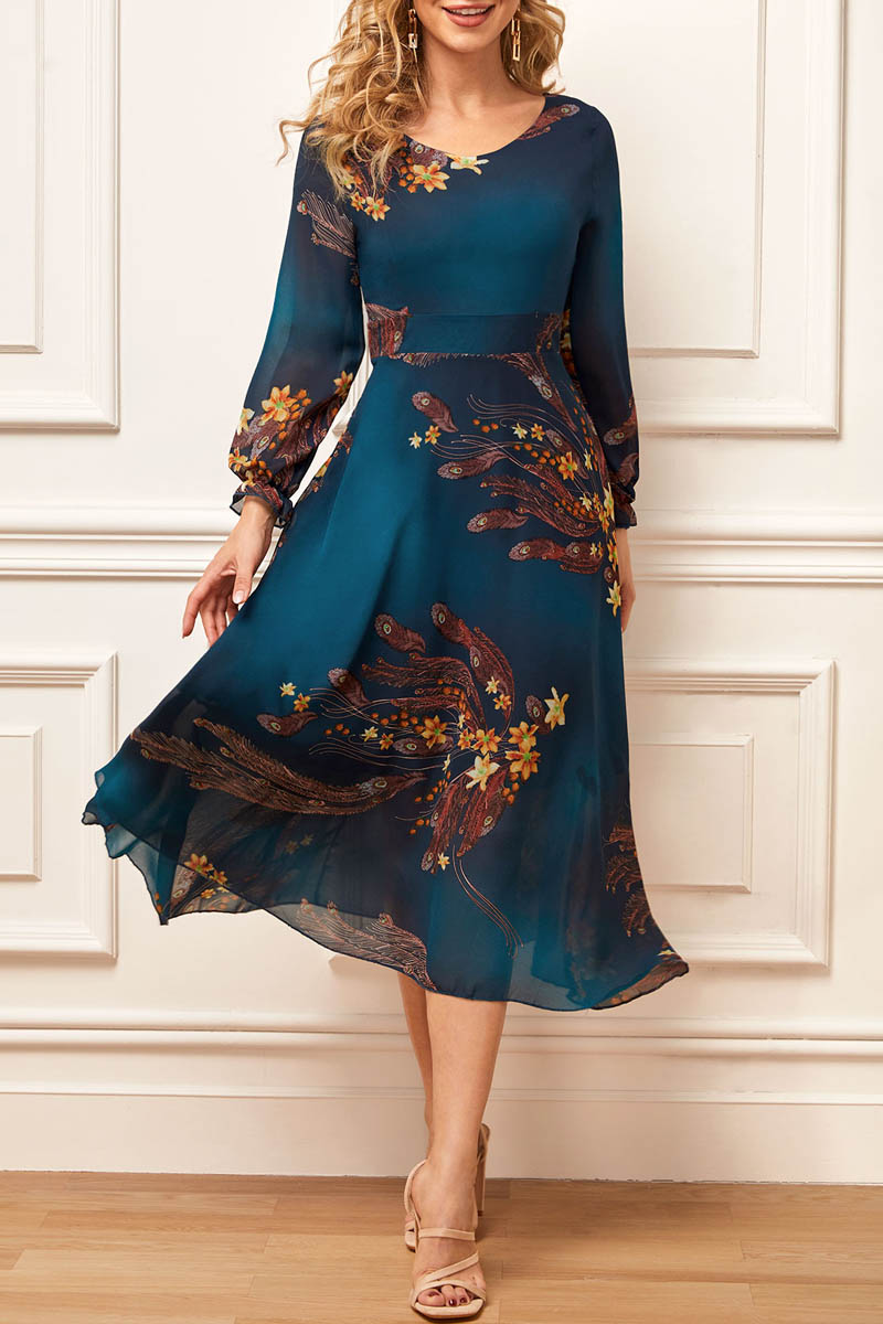 Plus Size Chiffon Feathers Print Peacock Blue Midi Dress 2024 - Flycurvy 