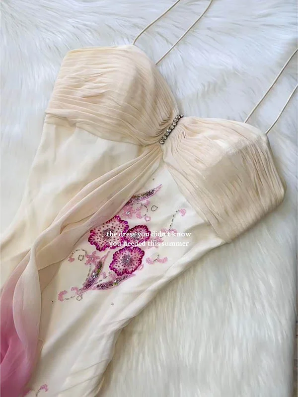 Sequinned Flower Embroidered Gradient Color Sleeveless Spaghtti-Neck Evening Maxi Dresses