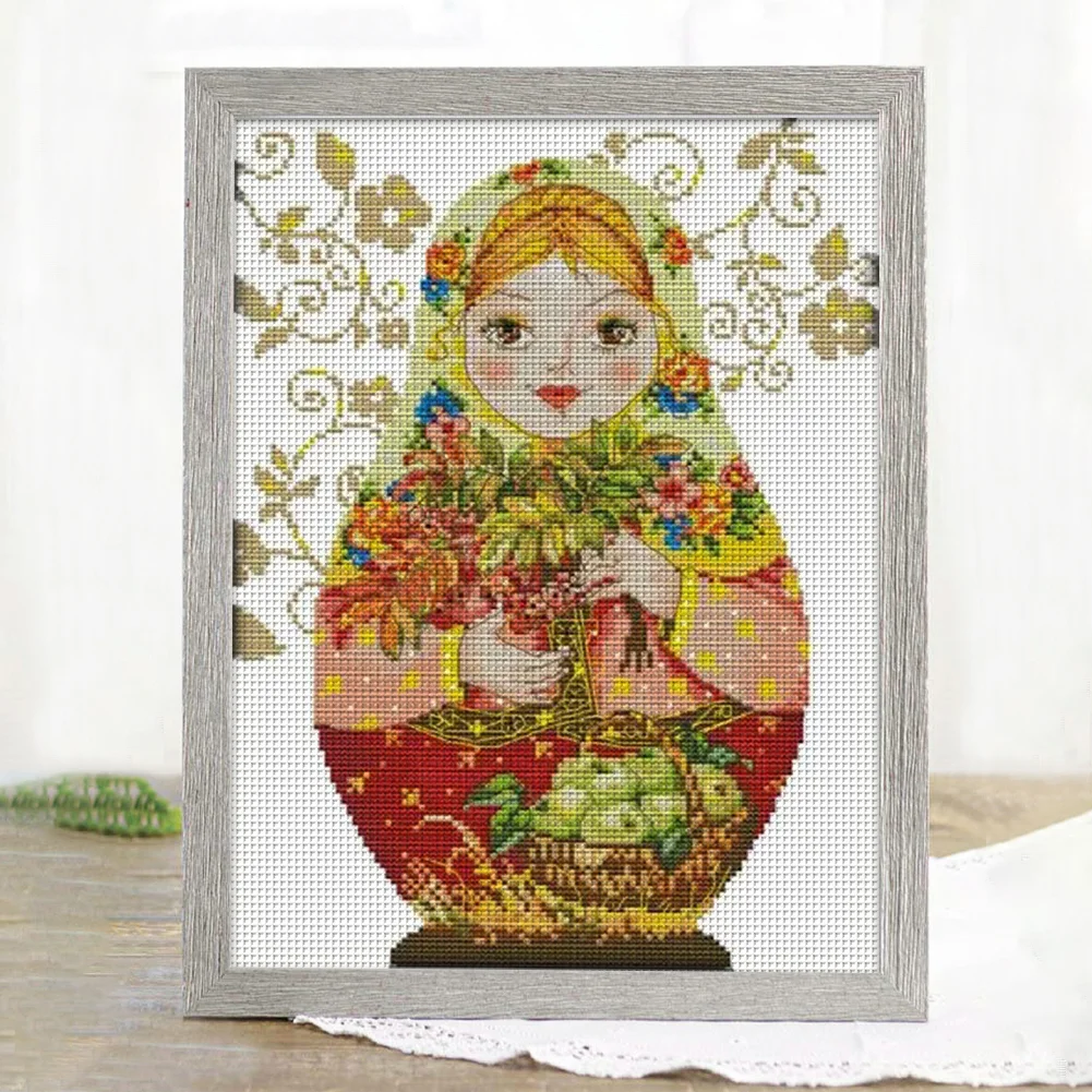 Russian Matryoshka Doll(5) Partial 14CT Pre-stamped Canvas(28*37cm) Cross Stitch(backstitch)