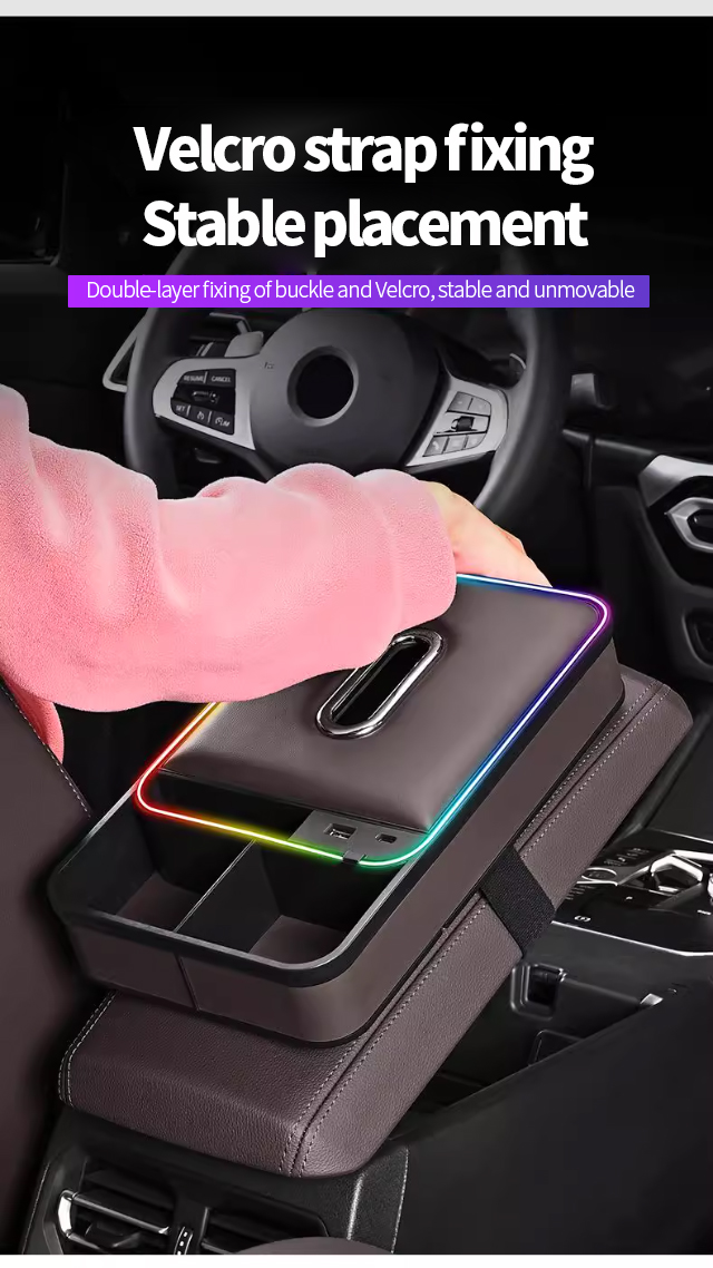 Universal Car Handrail Box with Phone Holder, Cup Slot & Ambient Lights