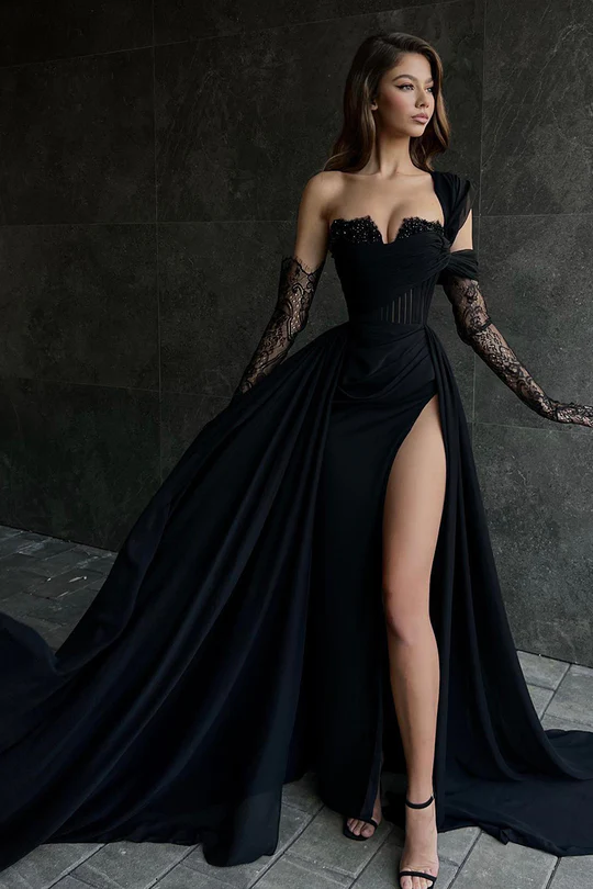 Daisda Black Stylish Strapless Slit Beaded  Prom Dress With Lace Sleeves