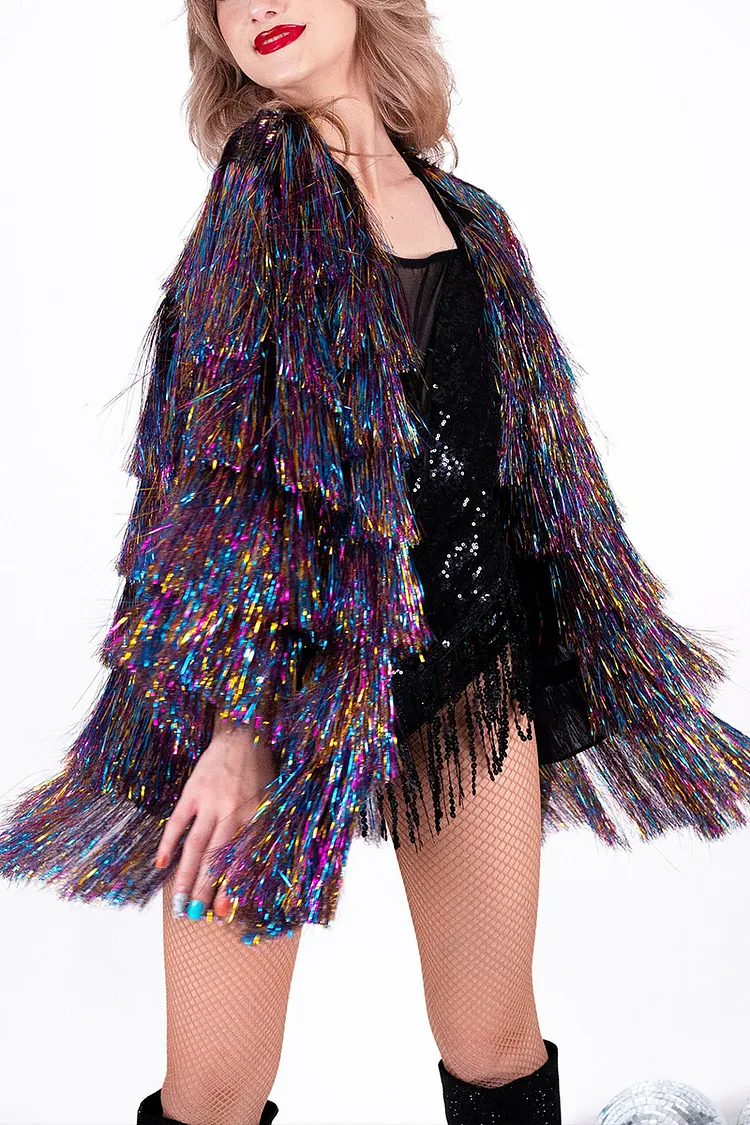 Ciciful Tinsel Fringe Reflective Rainbow Festival Disco Swing Jacket