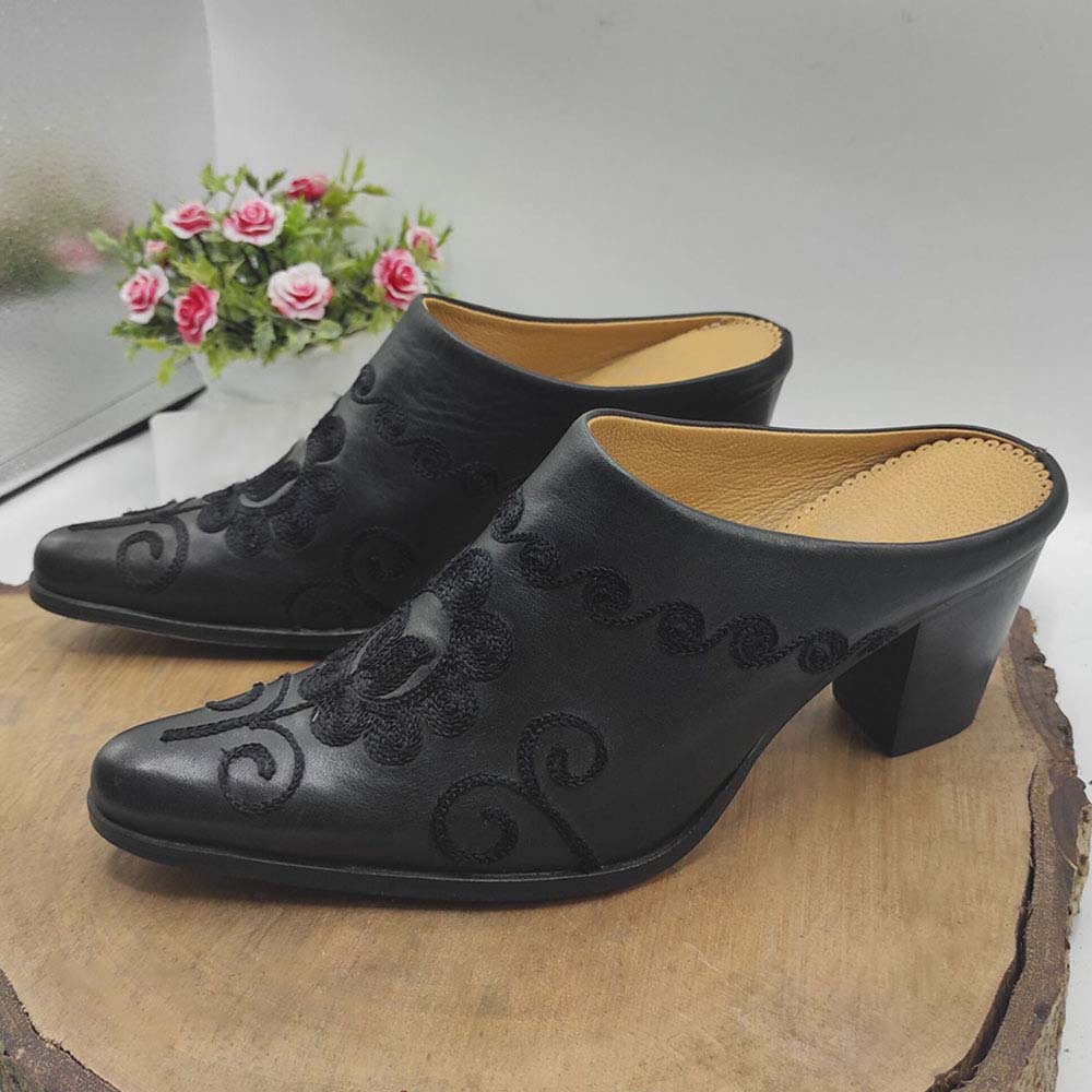 Black Almond Toe Chunky Heel Western Mules with Floral Embroidery Nicepairs