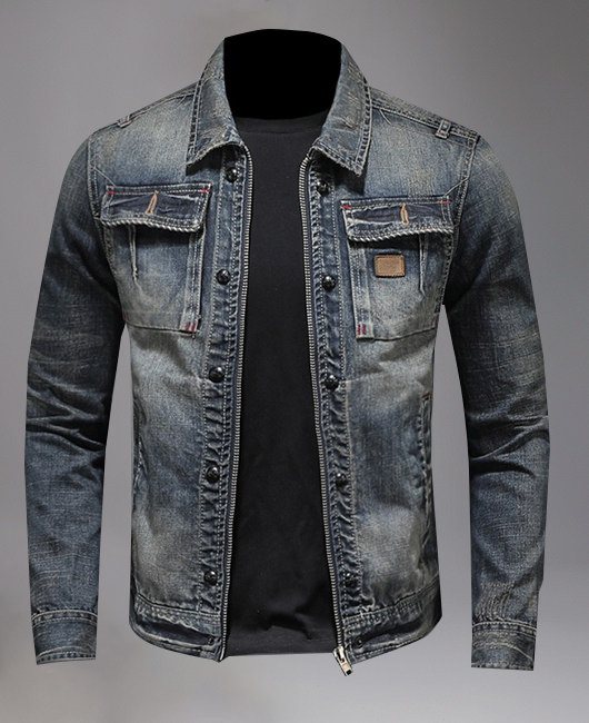 Fashion Shirt Collar Chest Pocket Zipper Denim Jacket