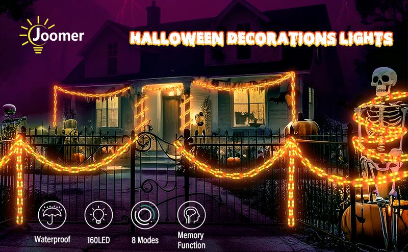 Product Introduction of Halloween Decoration Battery Light String - 10ft 160 LED Plastic Chain Light String, Waterproof, 8 Lighting Modes and Timer Function (Orange) US Patented Product 7