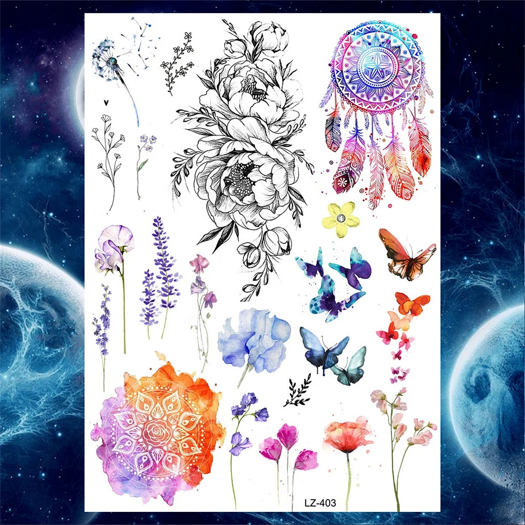 Flower Skull Temporary Tattoos For Women Men Adults Evil Skeleton Tattoo Sticker Fake Lavender Big Rose Black Tatoos Body Thigh