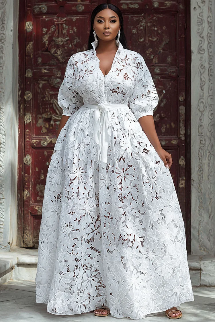 Xpluswear Design Plus Size Wedding White V Neck Puff Sleeve Short Sleeve See Through Maxi Dresses 2024 - Xpluswear