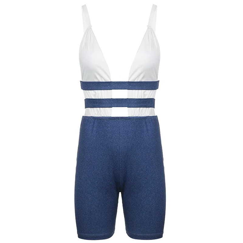 BIIKPIIK Contrast Women Elegant Playsuits Sleeveless Low Neck Cleavage Sexy One Piece Streetwear Skinny Rompers Casual Overalls