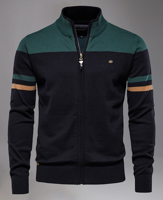 Business High Quality Striped Stand Collar Zip-Up Knit Jacket