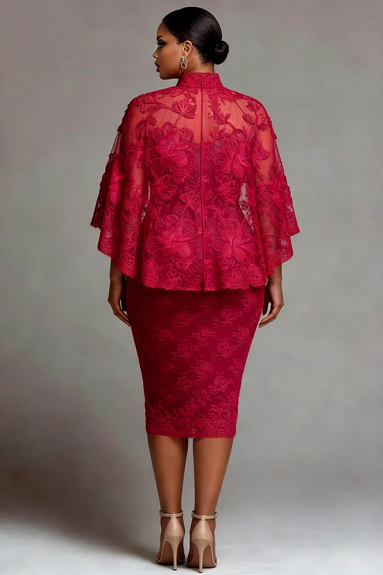 Xpluswear Design Plus Size Valentines Red Round Neck Cape Sleeve Half Sleeve See Through Guipure Lace Midi Dresses [Pre-Order]